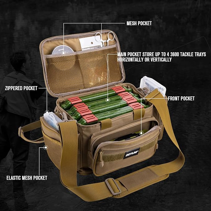 Goture Fishing Tackle Bag with 4 Tackle Boxes, Soft Side 600D Water-Resistant Cross Body Sling Fishing Bag, Small Saltwater Gear Storage Tactical Bags, Gifts for Men/Women (15.75"x9.45"x8.27")