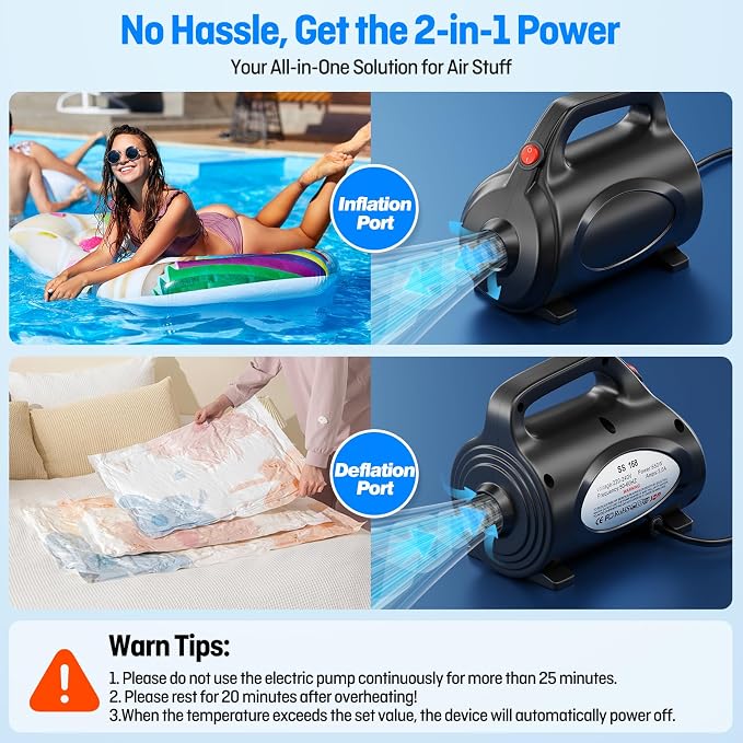 650W Electric Pump for Inflatables Air Mattress - Powerful Quick Fill Inflator/Deflator Pump for Gymnastics Mat Pool Float Raft, Portable Air Pump with Storage Bag AC 110-120V