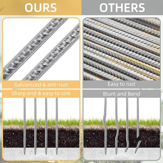 16 Inch Rebar Stakes, 1/2 Inch Diameter Galvanized Steel Ground Anchors, Heavy Duty Metal Spikes for Speed Bump, Wheel Stop, Parking Curb and Tent (24 Pack, Silver)
