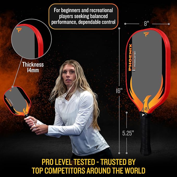 Paddletek Phoenix Genesis Carbon 14mm Pickleball Paddle – Textured Carbon Fiber Pickleball Paddle with Polypropylene Honeycomb Core – USAPA Approved – Balanced All-Court Performance – 5.25" Handle