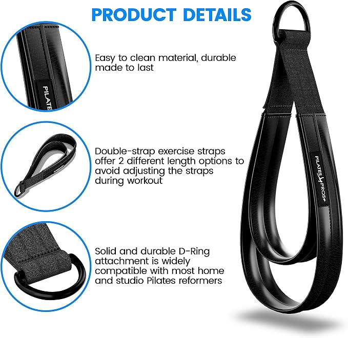 Vinyl Covered Double Loop Straps for Pilates Equipment - D-Ring Padded Fitness Straps for Studio & Home Gym Workouts