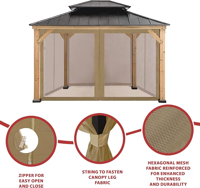 Coastshade Gazebo Canopy Mesh Walls Replacement 10x10 Gazebo Pergola Mosquito Screen Netting for Gazebos with 48Curtain Rings & 48Rail Hooks,Khaki
