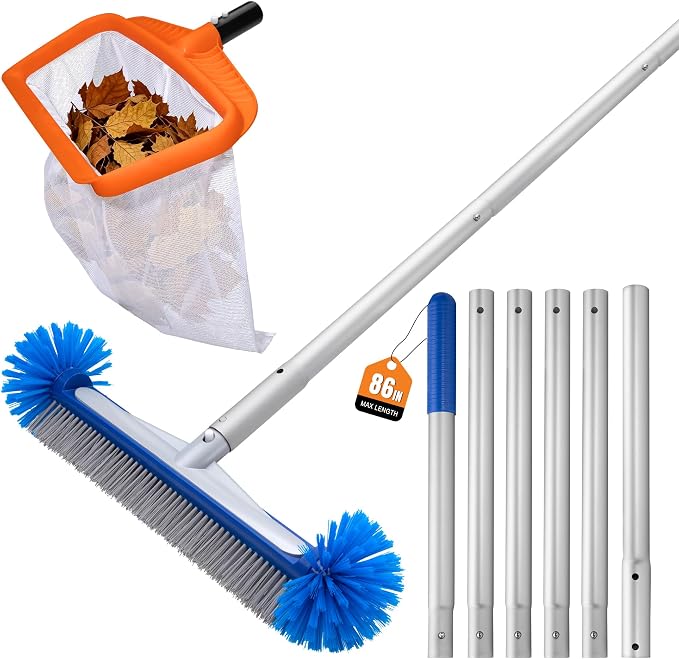 Pool Cleaning Kit, Aluminum Skimmer Net with 7.5Ft Telescoping Pole & 17.5” Brush Head, Heavy Duty Pool Maintenance Set for Inground Above Ground Swimming Pools, Easily Remove Leaves, Debris