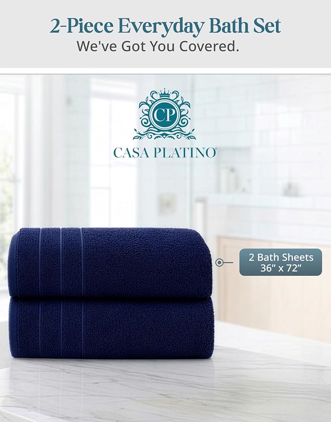 Casa Platino 100% Cotton 2 Pack Bath Sheets Set (36"x72") - Ring Spun Cotton Extra Large Bath Towels Set - Quick Dry, Soft & Absorbent Oversized Towel Sets - Dorm Essentials for Boys - Navy Blue