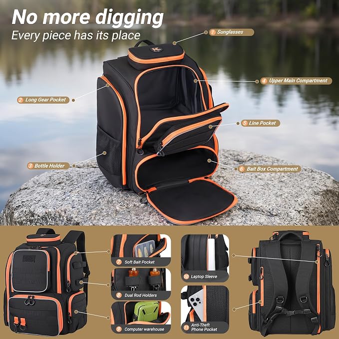 40L Fishing Backpack with Extra Waterproof Storage Bag | 40L split compartment stores tackle boxes & baits; breathable padded straps for all-day fresh/saltwater anglers