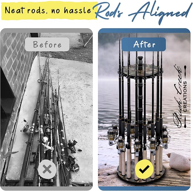 Rush Creek Creations 16-Rod Round Fishing Rod Holder for Garage, 360° Access Fishing Pole Holder for Fishing Rods, Reels, and Gear, Securely Holds 16 Rods, Camouflage