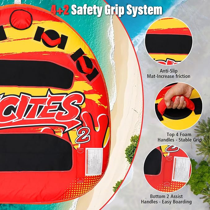 Dreamtrue 1-2 Person Inflatable Towable Tube for Boating, 340 LBS Capacity Heavy-Duty Water Tube with 840D Nylon Cover, 4+2 Safety Grips, EVA Padded, Quick Inflate/Deflate Towable Tube for Adults