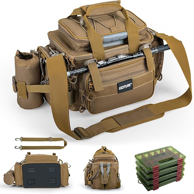Goture Fishing Tackle Bag with 4 Tackle Boxes, Soft Side 600D Water-Resistant Cross Body Sling Fishing Bag with Rod Holder, Small Saltwater Gear Storage Tactical Bags, Gifts for Men/Women