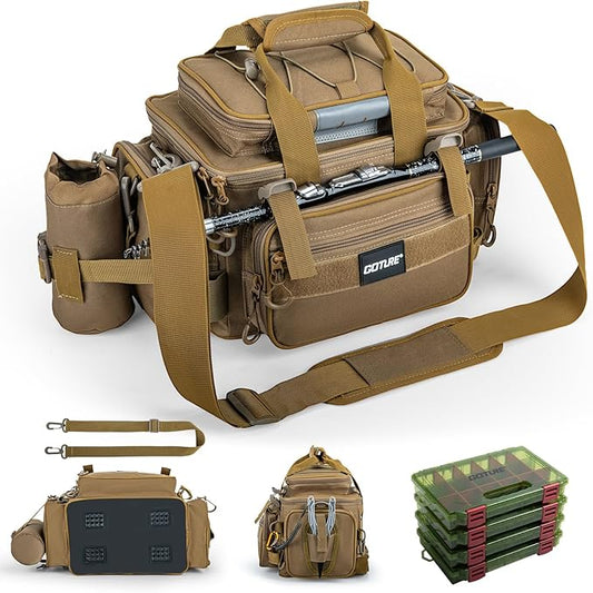 Goture Fishing Tackle Bag with 4 Tackle Boxes, Soft Side 600D Water-Resistant Cross Body Sling Fishing Bag with Rod Holder, Small Saltwater Gear Storage Tactical Bags, Gifts for Men/Women