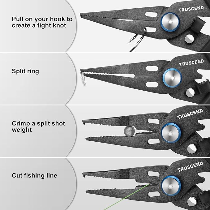 TRUSCEND Easy Use Lockable Fishing Pliers with Tungsten Carbide Cutter, Innovative Ergonomic Handy Handle, Saltwater Corrosion Resistant Teflon Coated Fishing Tool, Light Multi-Function Fishing Gear