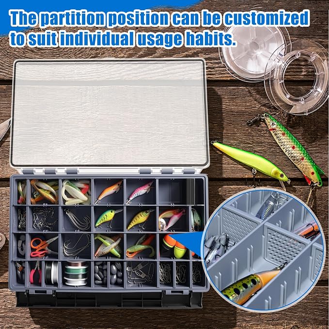 Junkin 6 Pack 3700 Fishing Tackle Boxes Waterproof, High-vis Black Lure Organizer Trays with Removable Dividers, Airtight Bait Storage Case for Bass Fishing Backpacks & Kayak Gear Accessories