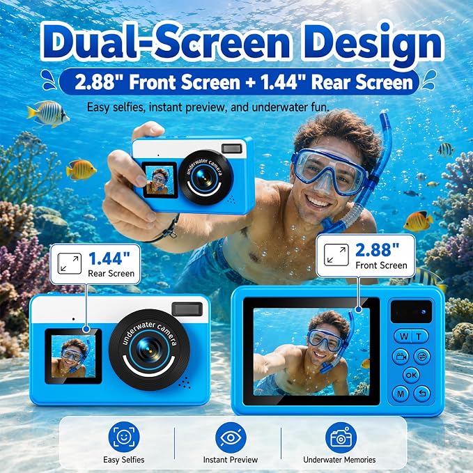 Maxmango D70 Underwater Camera, 10FT Waterproof Digital Camera for Pool & Beach, 4K 48MP Teens Underwater Cam with Dual Screens, Autofocus, 18X Zoom, Floating Camera for Boys Girls Blue(16GB)