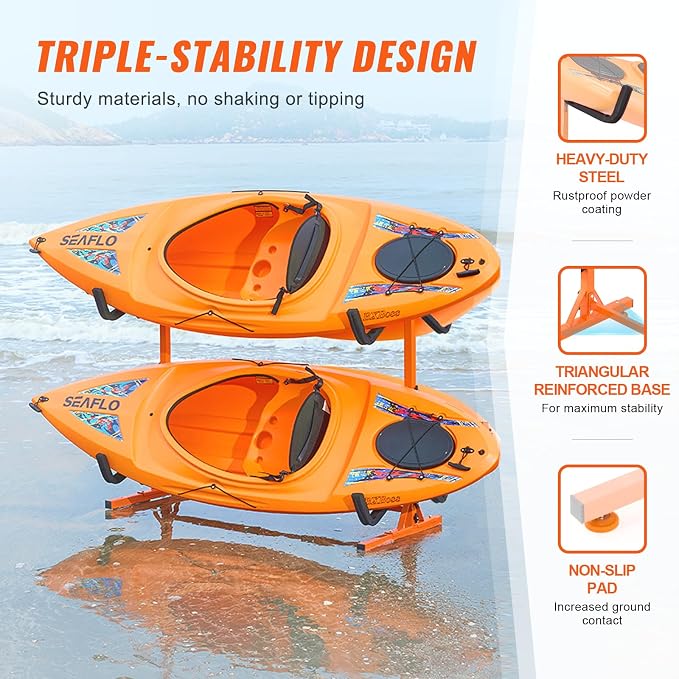 VEVOR Kayak Storage Rack, Heavy Duty Adjustable Freestanding Stand with Lockable Wheels for Indoor Outdoor Garage Shed Dock, Holder for Canoe, SUP, Surfboard & Paddleboard