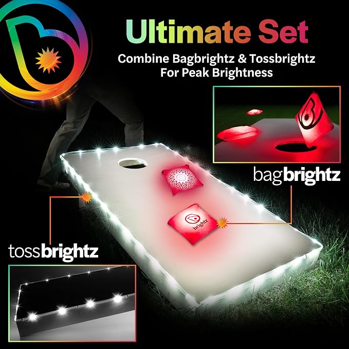Brightz Cornhole Board Edge Lights with LED Bags - Includes 4-Pack of LED Cornhole Bags + TossBrightz Cornhole Board Edge Lights - The Ultimate Night Time Cornhole Master Set