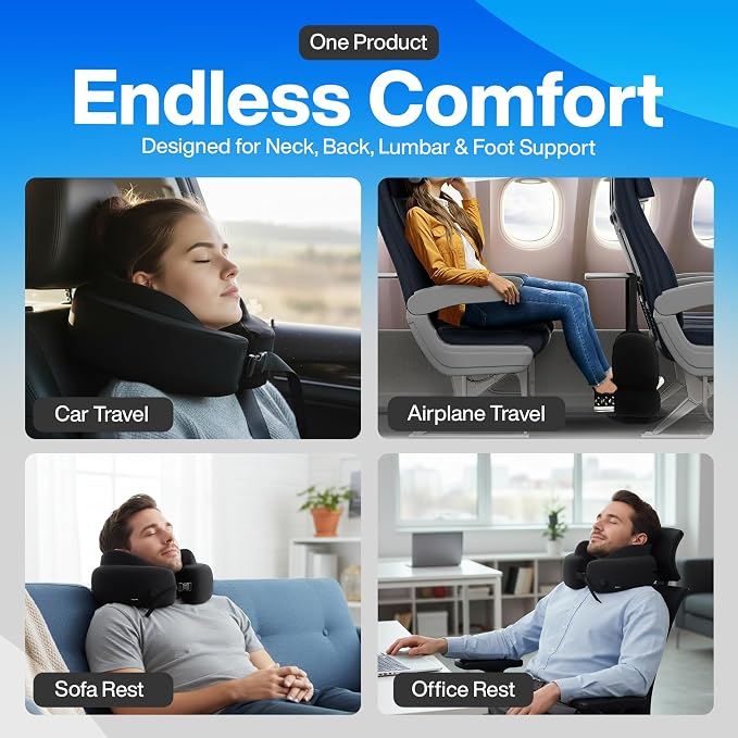4-in-1 Travel Set – Inflatable Neck Pillow, Convertible Lumbar Support & Foot Hammock, 3D Sleep Mask & Ear Plugs – Complete Comfort Kit for Airplane, Office & Car – Gift-Ready (Black)