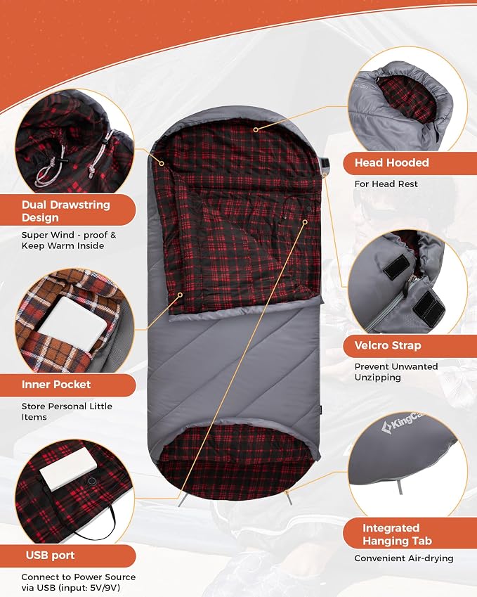 KingCamp Sleeping Bag for Adults Big and Tall, Cold Weather Camping Sleeping Bag with Soft 100% Cotton Flannel Lining, Portable Lightweight Outdoor Traveling & Car Camping