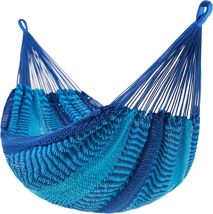 Lazy Daze Hammocks Handwoven XL Mayan Hammock, 10.5 FT Soft Rope Double Hammocks, Portable Outdoor Hammock with Carry Bag, 2 Straps & Carabiners for Patio Outside, 550 lbs Capacity, Blue/Dark Blue