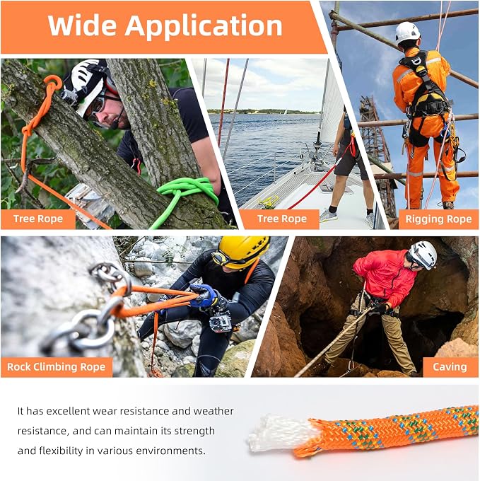 Climbing Rope, 1/2 Inch x 100 Feet Double Braided Arborist Rope Polyester for Outdoor, Climbing, Hiking, Swing, Tree Work, Halyard, Sailing etc(Orange)