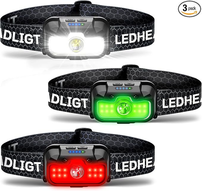 HOKOILN 3-Pack LED Headlamp Rechargeable with Green & Red Light -1300 Lumen Ultra-Bright Flashlight Headlight for Camping, Running, Hiking, Fishing - Waterproof with 7 Modes