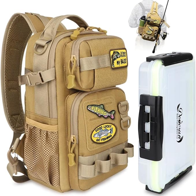 Dovesun Small Fishing Backpack with Tackle Boxes Fishing Sling Bag DIY Embroidery Patches Tackle Bag Gift for Men Khaki