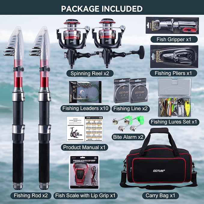 Goture 2-Pack Fishing Rod and Reel Combo with Carrier Bag,1.8M-2.7M | 2PCS Telescopic Fishing Pole,2PCS Spinning Reel,Line,Lures,Pliers,Gripper, for Saltwater and Freshwater Travel,Starter Kit