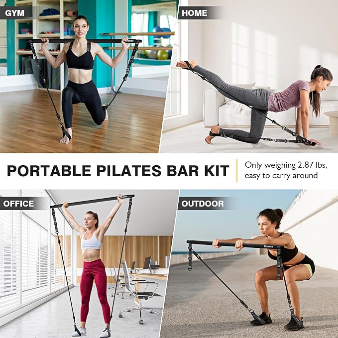 Ayombo Pilates Bar Kit with Resistance Bands, Pilates Workout Equipment for Legs, Hip, Waist, Arm, Squats Exercise Equipment for Home Workouts, Adjustable 3-Section Pilates Bar Kit for Women & Men