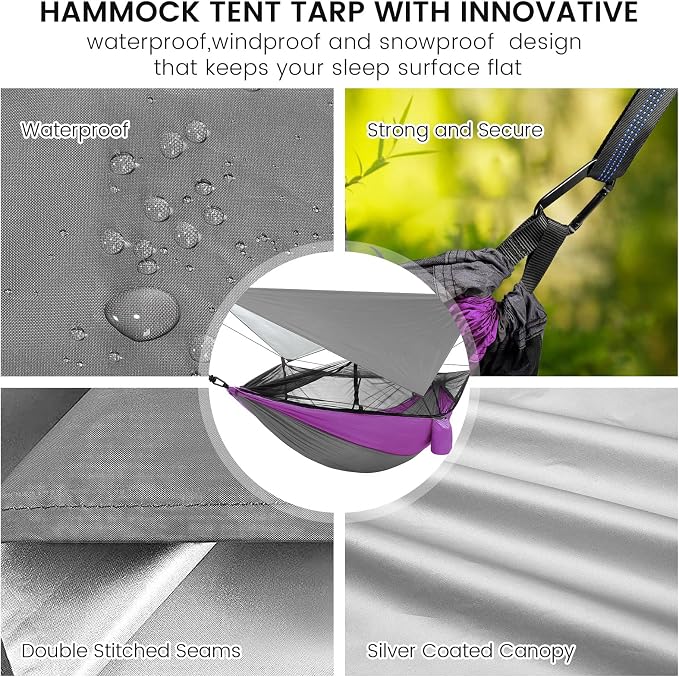 Camping Hammock with Mosquito Net & Rain Fly Tent Tarp & Tree Straps Portable Strong Nylon Hammock Parachute Tent w/Storage Bag for Camping Hiking Backyard Outdoor Backpacking Travel