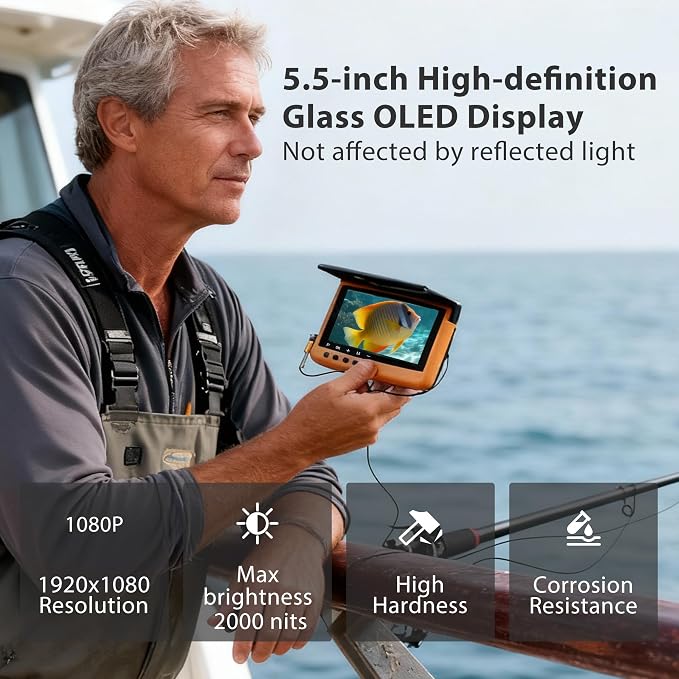 Underwater Camera Fish Finder: 1080P HD Waterproof for Ice/Lake/Sea Fishing with 82ft Cable｜Portable Depth Finders for Boats & Kayaks｜2000nit OLED Display for Murky Water Conditions