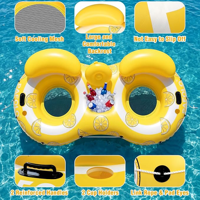 Pool Float Adult,2-Person Large Inflatable River Float, XL River Tubes for Floating Heavy Duty with Mesh Bottom, Comfortable Backrest & 2 Cup Holders & Durable Grab Handles,600 lbs Weight Capacity