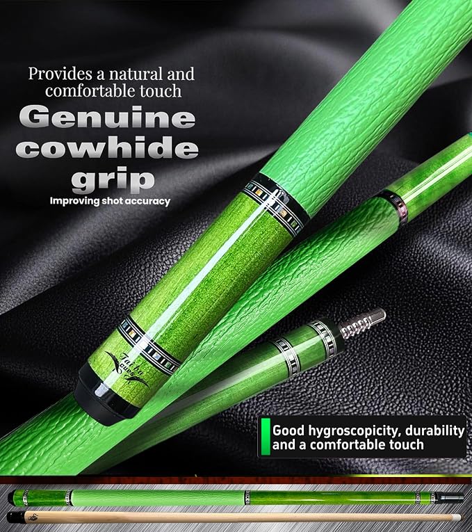 Tai ba cues 2-Piece Pool cue Stick with Case, Genuine Leather Grip, 13mm Tip, 58", 3/8 * 8 Pin Joint, Hardwood Canadian Maple Professional Billiard Cue Stick 19, 20, 21 Oz, Pink, Blue, Green, Orange