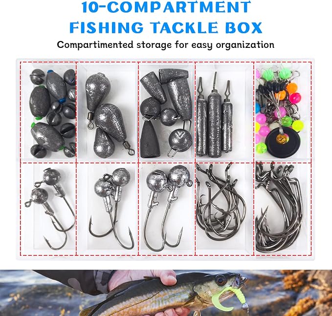 Fishing Accessories Kit Organized Fishing Tackle Box | Included Hooks, Sinkers Weights, Rubber Bobber, Jigs, Beads, Swivels Snaps, Fishing Gear Kit