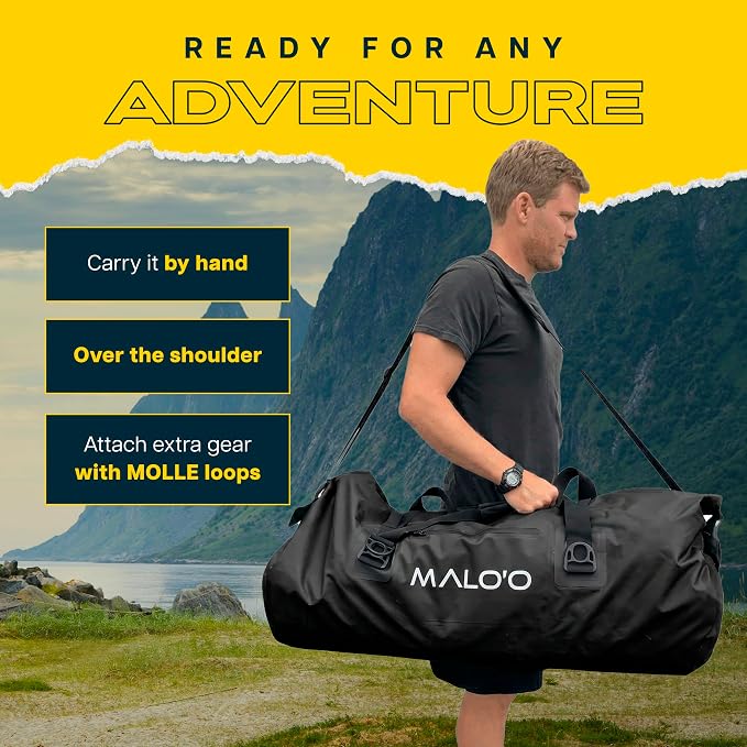 Malo’o Waterproof Dry Duffel, Heavy-Duty Roll Top Waterproof Gear Bag with Shoulder Strap & Molle Loops, Marine Duffel for Kayaking, Boating, Camping, Beach & Travel, Black, 100L