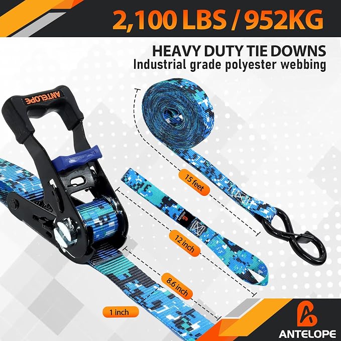 Ratchet Tie Down Straps Set, 2100 LBS Breaking Strength, 4 Pack 1" x 15' Heavy Duty Ratchet Straps, Cargo Strap, Motorcycle Straps for Trucks, Bicycle, Kayak, Moving, Tie Downs with S Hooks, Camo