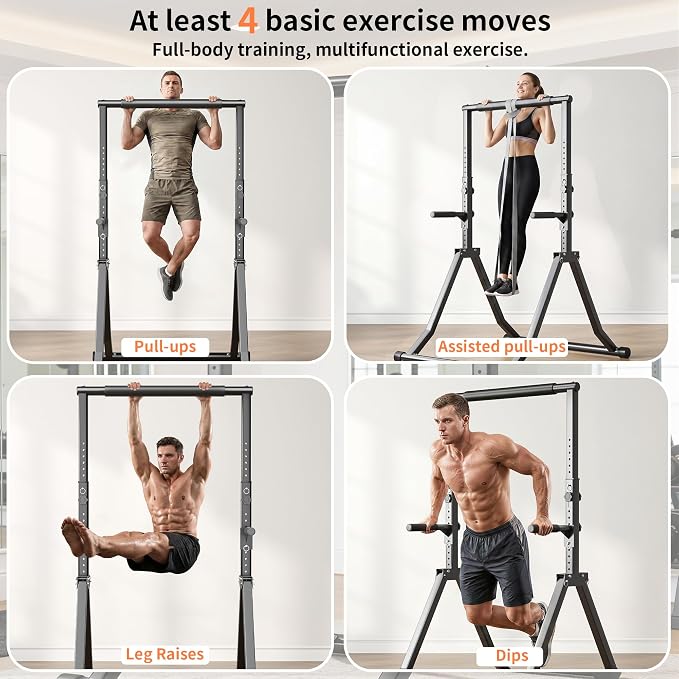Foldable Power Tower Dip Station for Pull Ups, 66.1"-84.6" 12 Level 700 LBS, Adjustable Dip Handles & Assistance Bands Foldable Home Gym Equipment