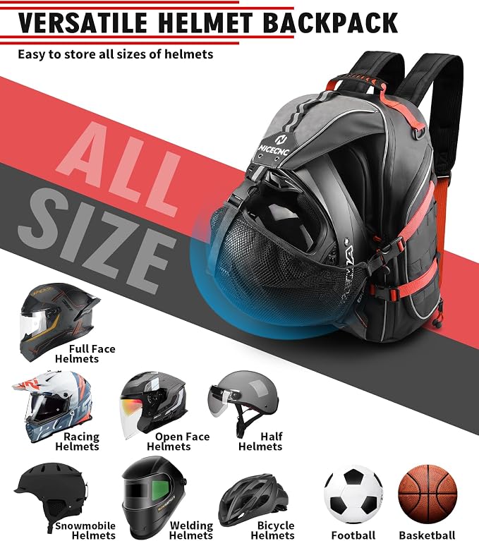 NICECNC Motorcycle Helmet Backpack 35L Large Capacity Motorcycle Helmet Bag, Universal Motorcycle Riding Backpacks for Men Motorcycle Lugguge Storage Bag with Hidden Net, Red