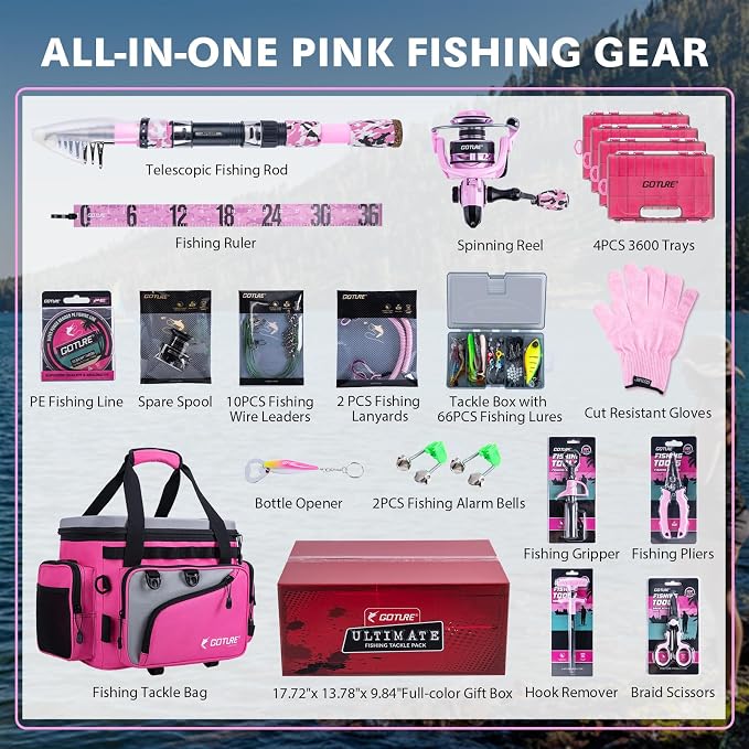 Goture Pink Fishing Rod and Reel Combos with Cooler Tackle Bag, 6FT-9FT Telescopic Fishing Pole with Spinning Reel,4 3600 Trays,Lures,Pliers,Travel Full Kit for Freshwater Saltwater, Women/Beginners
