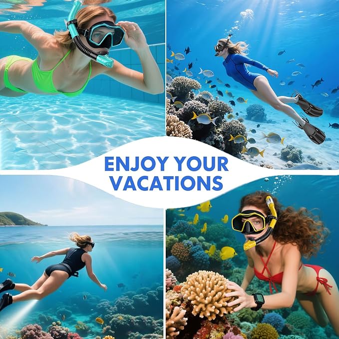 Snorkeling Gear for Adults,Mask Fins Snorkel Set,Panoramic View Diving Mask Anti-Fog,Dry Snorkel,Adjustable Swim Flippers and Travel Bag,Adults Snorkel Gear for Swimming Snorkeling Diving
