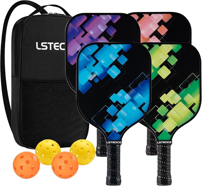 Pickleball Paddles Set of 4, Fiberglass Pickleball Paddles with Honeycomb Core, Lightweight Pickleball Set with Balls & Bag for Men, Women & Beginners