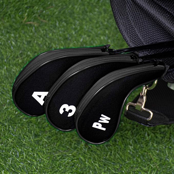 Golf Club 12pcs Thick Synthetic Zipper Long Neck Set Headcover Fit The Most Brands, Side Number Golf Iron Club Head Cover LW SW PW Covers #3,4,5,6,7,8,9