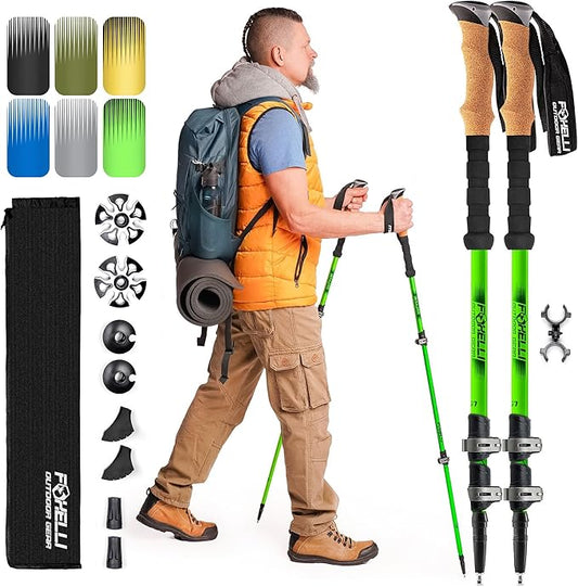 Foxelli Trekking Poles – Lightweight Collapsible Aircraft Grade Aluminum Hiking Poles with Cork Grips Quick Locks & All-Terrain Accessories – Pair of 2