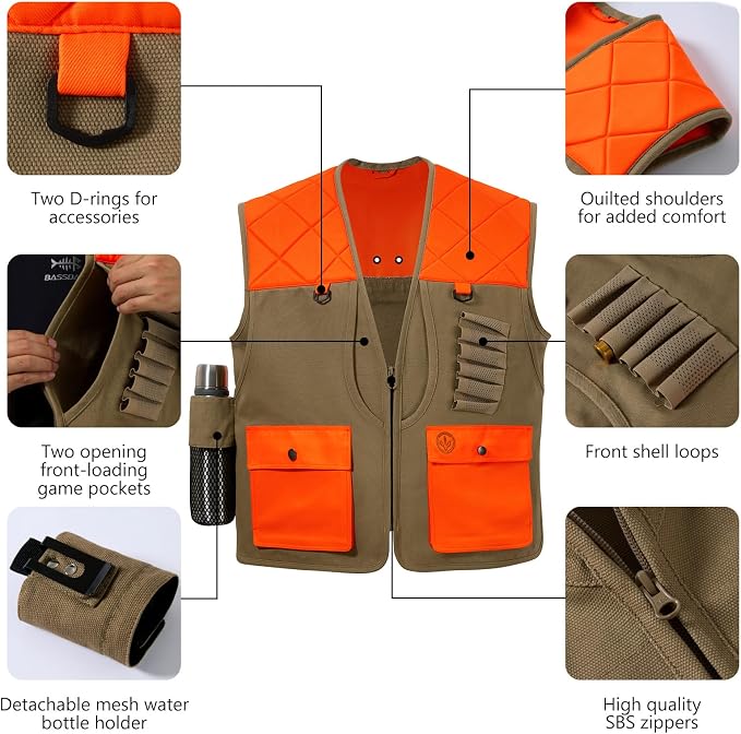 BASSDASH Upland Game Field Water-Resistant Bird Hunting Vest with Multi Pockets Men Women FV11