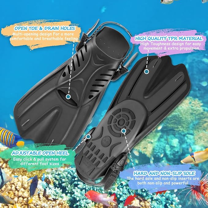 Snorkeling Gear for Kids, 4 in 1 Child Mask Fins Snorkel Set with Panoramic View Anti Fog Mask, Dry Top Snorkel, Trek Fins and Travel Bag, Kids Snorkeling Set with Fins for Snorkeling Swimming