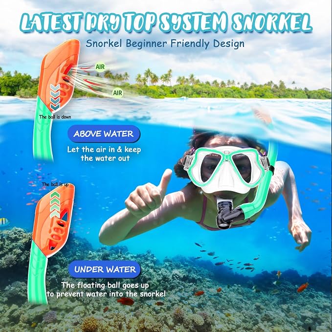 Snorkeling Gear for Kids, 4 in 1 Child Mask Fins Snorkel Set with Panoramic View Anti Fog Mask, Dry Top Snorkel, Trek Fins and Travel Bag, Kids Snorkeling Set with Fins for Snorkeling Swimming