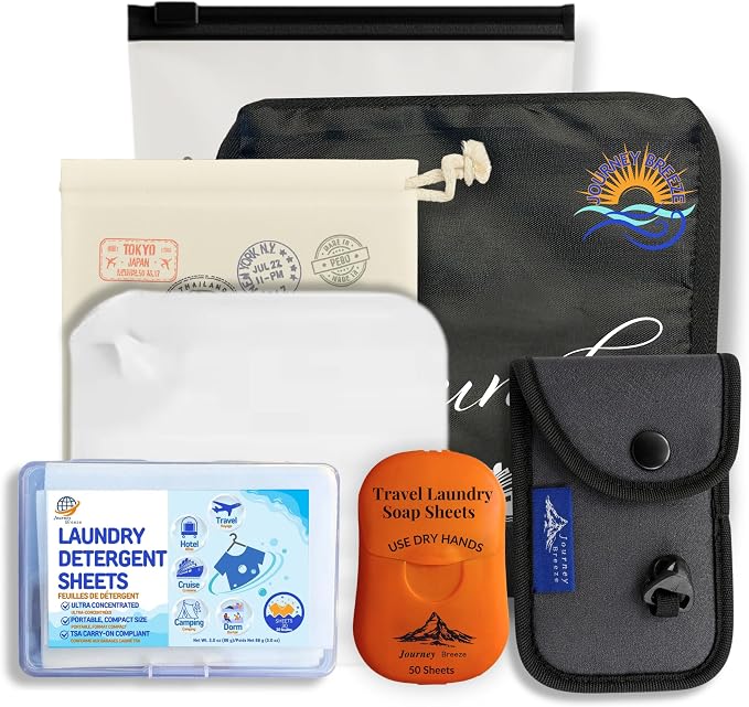Travel Laundry Detergent Sheets Kit – 2-Size Travel Detergent Sheets + Lightweight Clothesline, Universal Sink Stopper & Foldable Laundry Bag Great for Hotels, Cruises, Camping & Trips