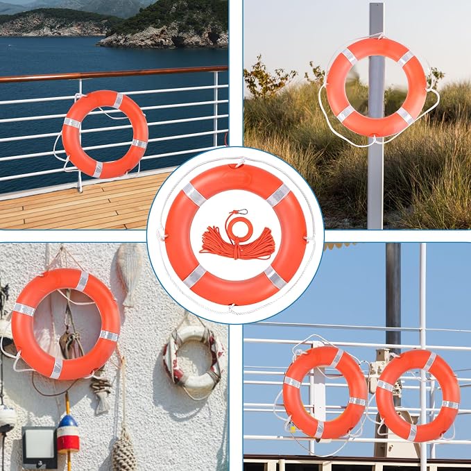Life Preserver Ring 23"/28", Boat Safety Throw Rings with Bracket, Orange Buoy with Rope 98.5 FT and Reflective Tape for Boat
