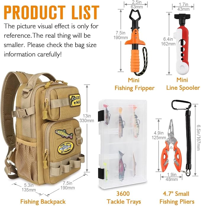 Dovesun Small Fishing Backpack Fishing Sling Bag with 3600 Tackle Box Small Tackle Backpack with Tool Set Khaki