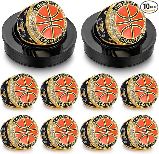 Highergo 10 Pcs Basketball Softball Baseball MVP Dancer Champion Trophy Ring with Display Stand Star Football Soccer Volleyball Golf Cheerleading Bowling Track Field