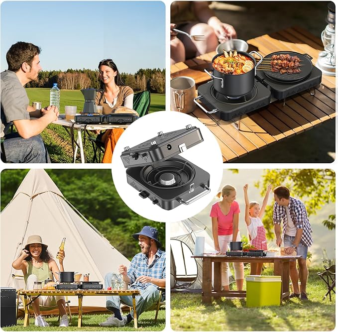 2 Burner Propane Camping Stove, 20000 BTU Foldable Portable Camp Stove with Piezo Ignition & Adjustable Burners, Outdoor Gas Cooker with Carry Bag for Camping, RV, Tailgating & Emergency Use