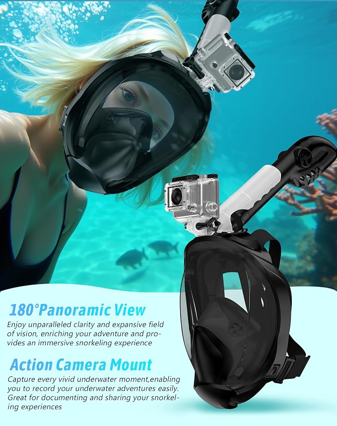 Full Face Snorkel Mask for Adults, 180° Panoramic Anti-Fog Snorkeling Gear with Dry Top System & Camera Mount, Foldable Anti-Leak Design for Travel, Swimming & Ocean Snorkeling