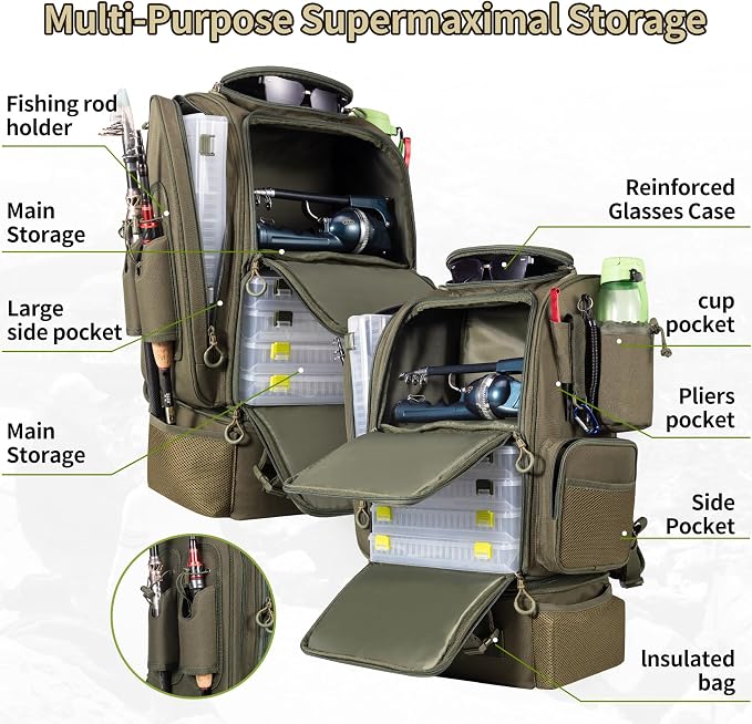 BLISSWILL Large Fishing Backpack with Cooler for 3 Tackle Boxes - Fishing Bag with Rod Holders for Camping and Hiking